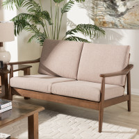 Baxton Studio Venza-Brown/Walnut Brown-LS Venza Mid-Century Modern Walnut Wood Light Brown Fabric Upholstered 2-Seater Loveseat